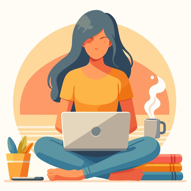 mujer con el cabello en un pan descansando la barbilla en la mano mirando una computadora portátil