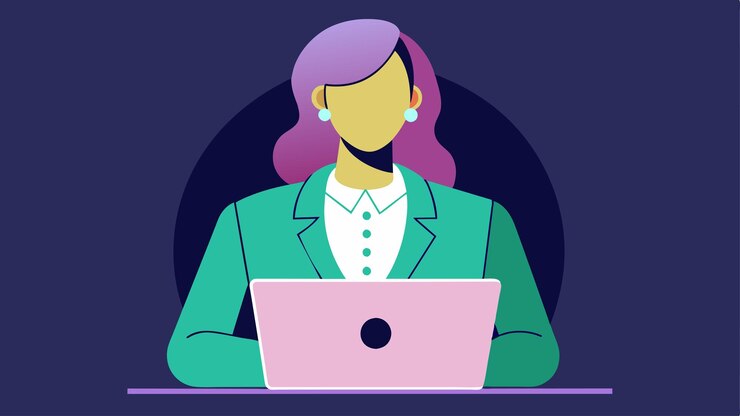 Vector una mujer con cabello púrpura está sentada en un escritorio con una computadora portátil