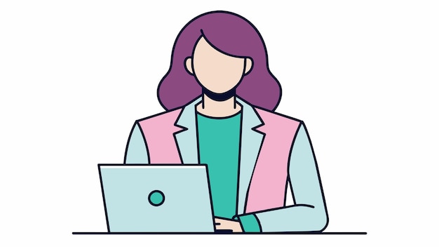 una mujer con cabello púrpura está usando una computadora portátil con una pegatina en su cara
