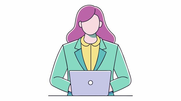 una mujer con cabello púrpura está usando una computadora portátil