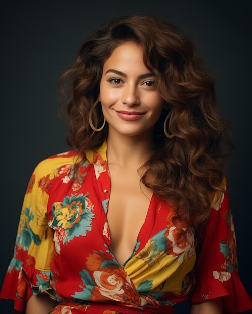 Una mujer con el cabello rizado con un vestido floral