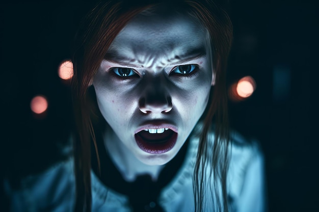 Una mujer de cabello rojo y ojos azules está mirando a la cámara