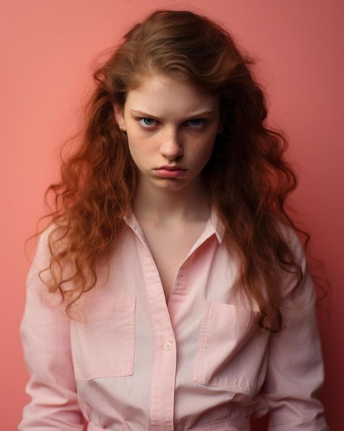 Una mujer de cabello rojo y ojos azules mirando a la cámara