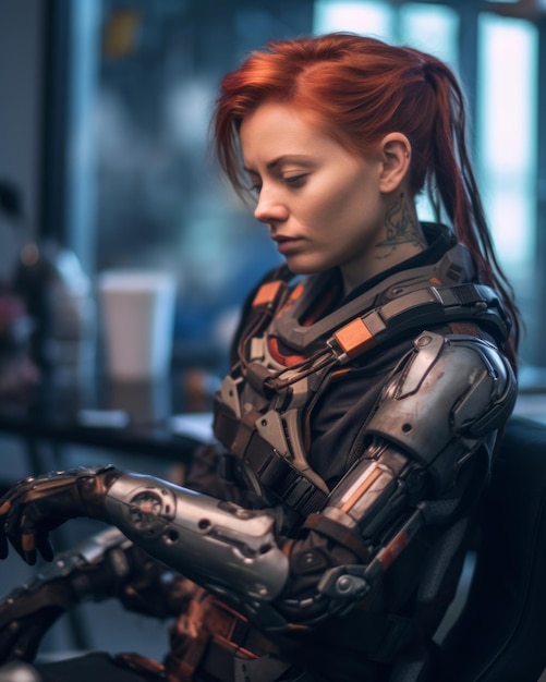 Una mujer de cabello rojo sentada frente a una computadora