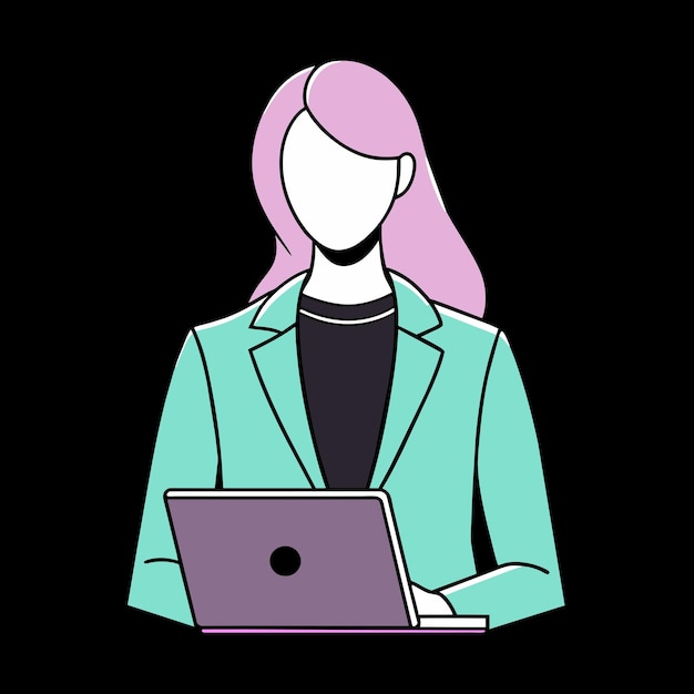 una mujer con cabello rosa y una camisa verde en la cabeza está mirando una computadora portátil