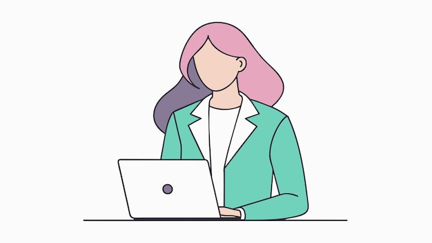 una mujer con cabello rosa está trabajando en una computadora portátil