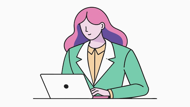 una mujer con cabello rosa está trabajando en una computadora portátil