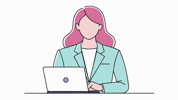 una mujer con cabello rosa está trabajando en una computadora portátil