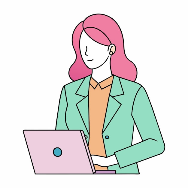 una mujer con cabello rosa está usando una computadora portátil