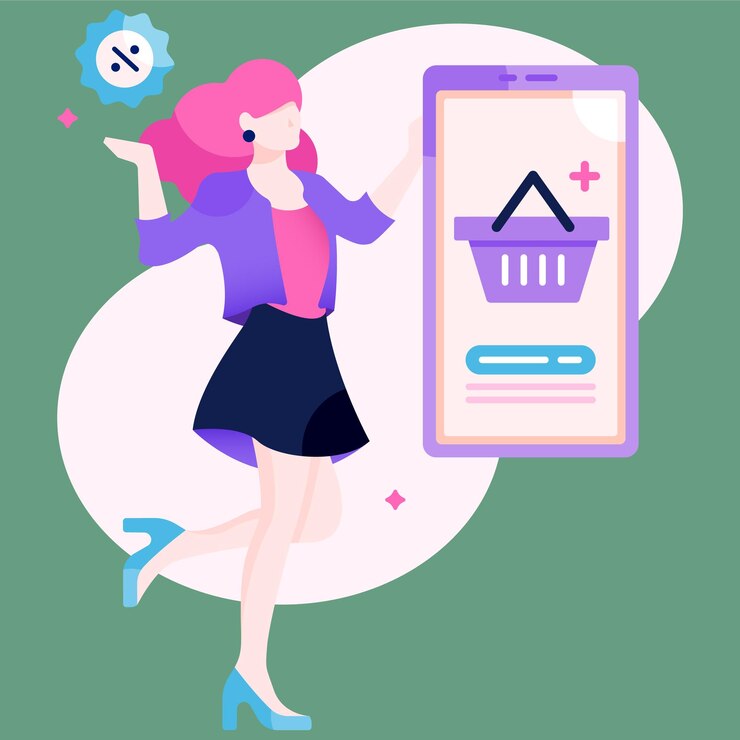 Vector una mujer con cabello rosado sostiene un teléfono inteligente grande con un carrito de compras.