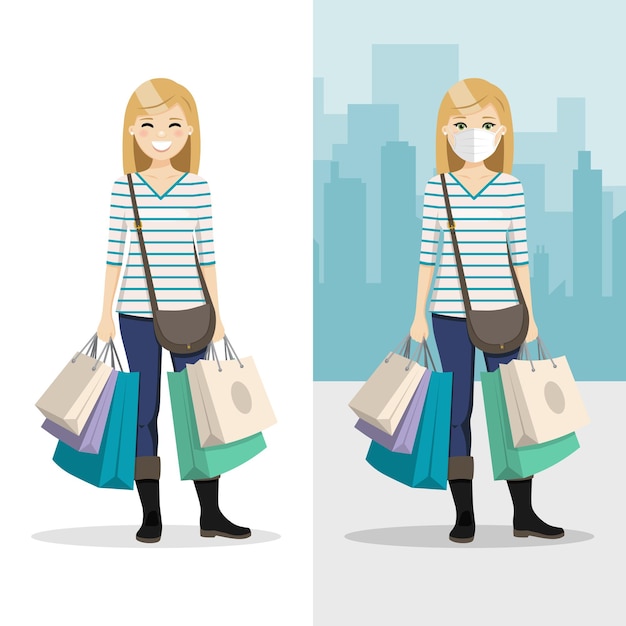 Vector mujer de cabello rubio con muchas bolsas de compras con máscara y sin máscara