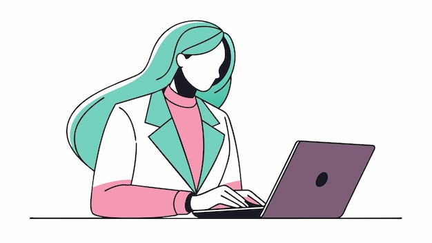 una mujer con cabello verde y una correa verde está trabajando en una computadora portátil