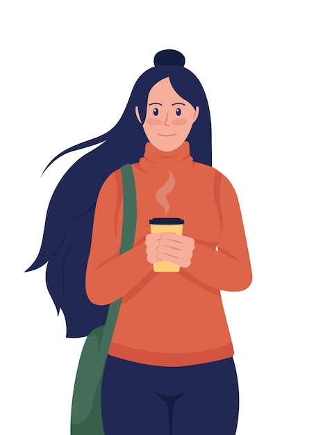 Mujer con café en capa de carácter vectorial de color semiplano. Figura posando. Persona de cuerpo completo en blanco. Ilustración de estilo de dibujos animados modernos aislados de otoño para diseño gráfico y animación