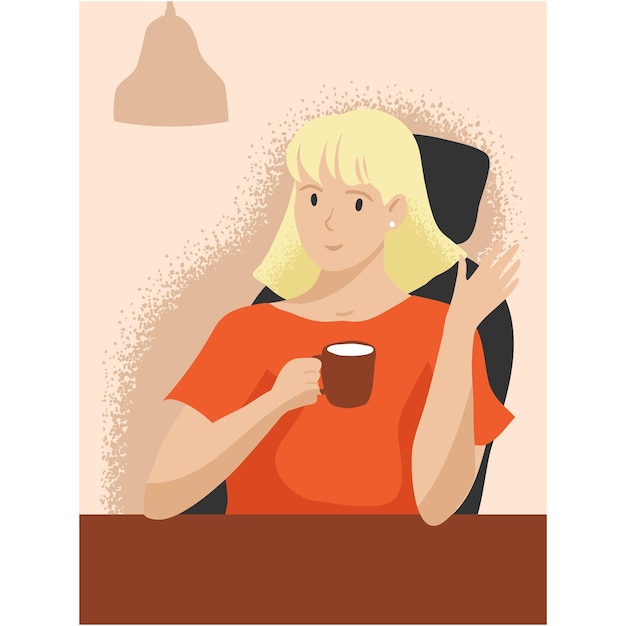 mujer, con, café, ondulación, mano, sentarse, en, escritorio, vector