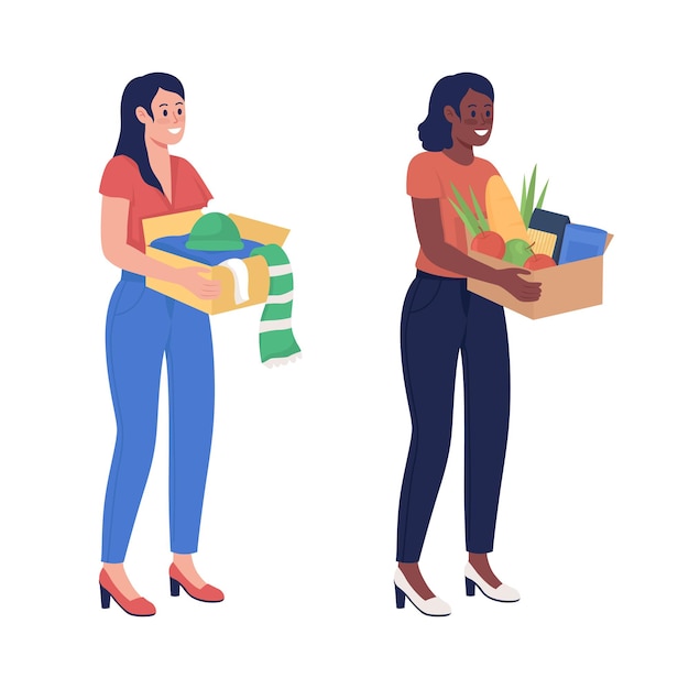 Mujer con caja conjunto de caracteres vectoriales de color semi plano. Posando figuras. Gente de cuerpo entero en blanco. La ayuda humanitaria aisló la ilustración moderna de estilo de dibujos animados para el diseño gráfico y el kit de animación
