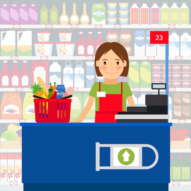 Mujer cajera en la caja registradora y en un carrito de compras de comestibles. Ilustración vectorial