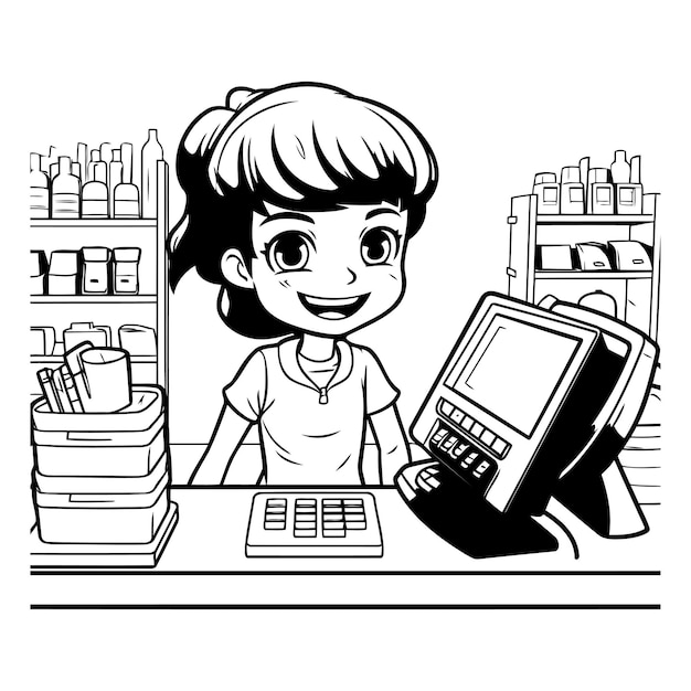 Vector mujer cajero de supermercado con caja registradora dibujos animados ilustración vectorial diseño gráfico