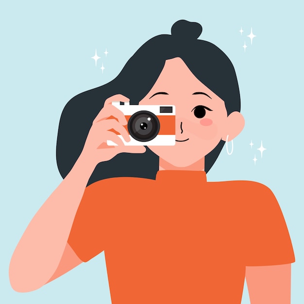 Vector mujer y una cámara. fotógrafo. avatar de la niña. retrato de una ilustración profesional. concepto del día mundial de la fotografía