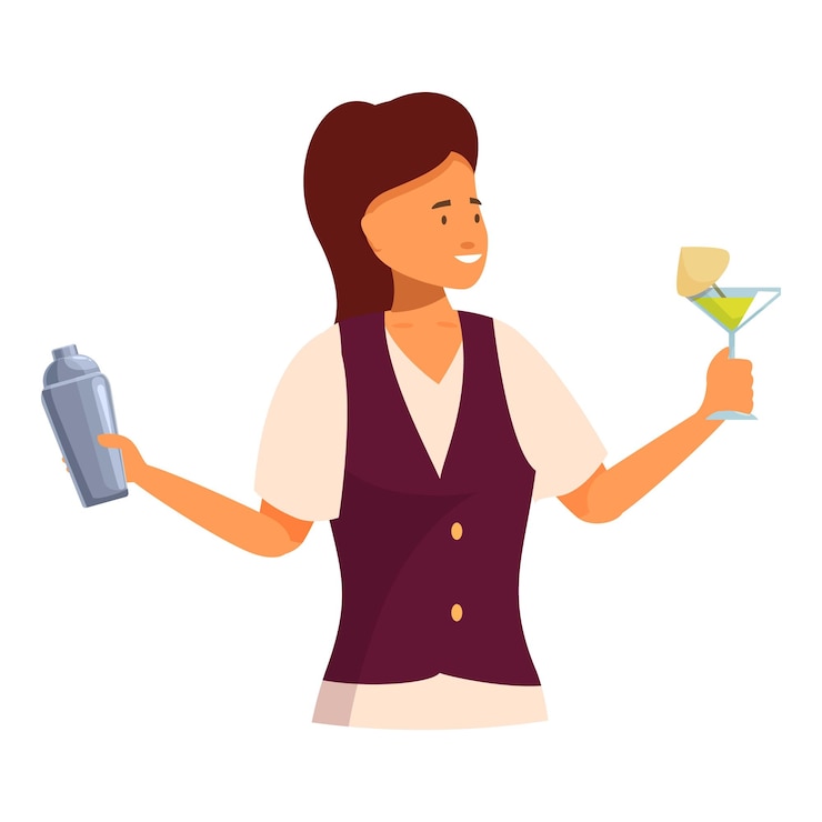 Vector mujer camarera con un batidor de cócteles y un vaso de martini