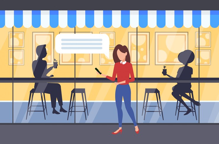 Vector mujer caminando al aire libre usando la aplicación móvil chat burbuja redes sociales comunicación conversación conversación concepto pareja silueta sentado en la mesa bebiendo café moderno street cafe exterior longitud completa