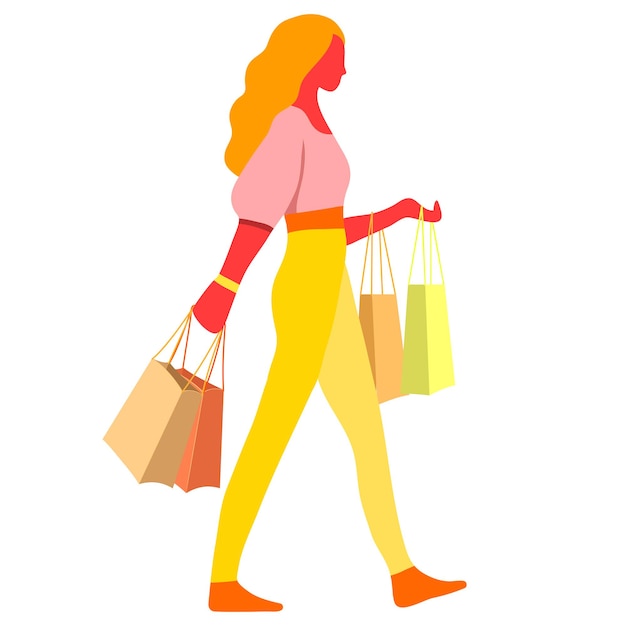 Mujer caminando con bolsos de compras fashionista en la tienda Una chica a la venta comprando cosas Gráfico aislado Ilustración vectorial en colores brillantes de verano