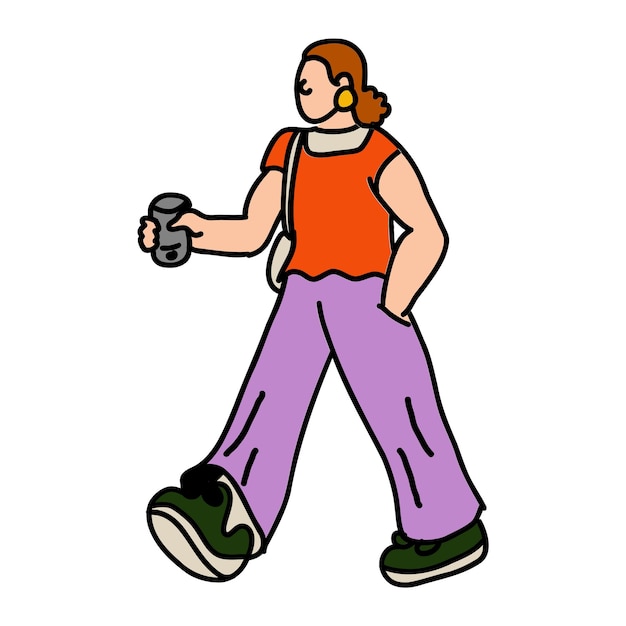 Mujer caminando con café en una ilustración de estilo plano moderno