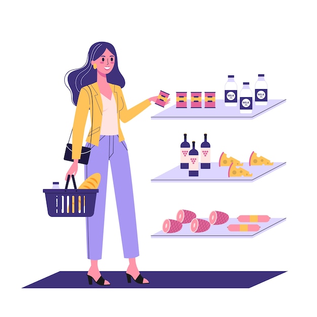 Vector mujer caminando con cesta de la compra en el supermercado. carácter por comida en la tienda.
