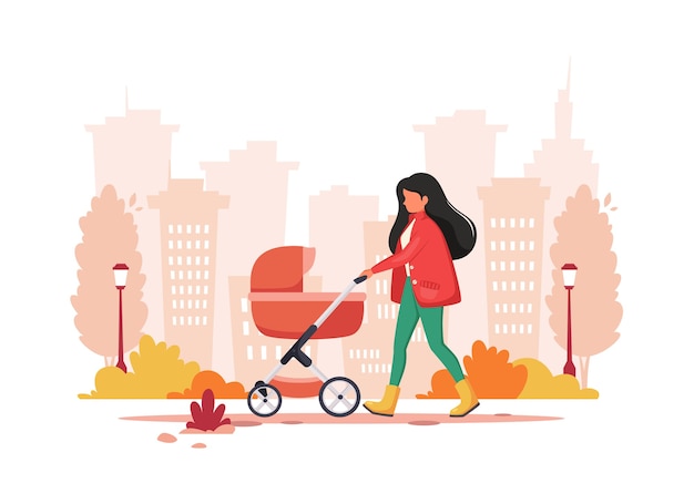 Mujer caminando con cochecito de bebé en otoño. Concepto de actividad al aire libre.
