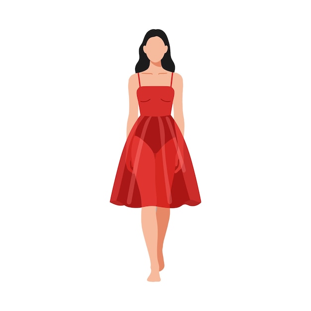 Mujer caminando con confianza en un vestido rojo vibrante con un estilo minimalista lúdico que muestra elegancia y gracia en el arte vectorial