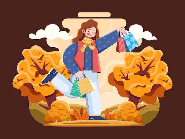 Vector mujer caminando llevando bolsas de compras y disfrutando del otoño