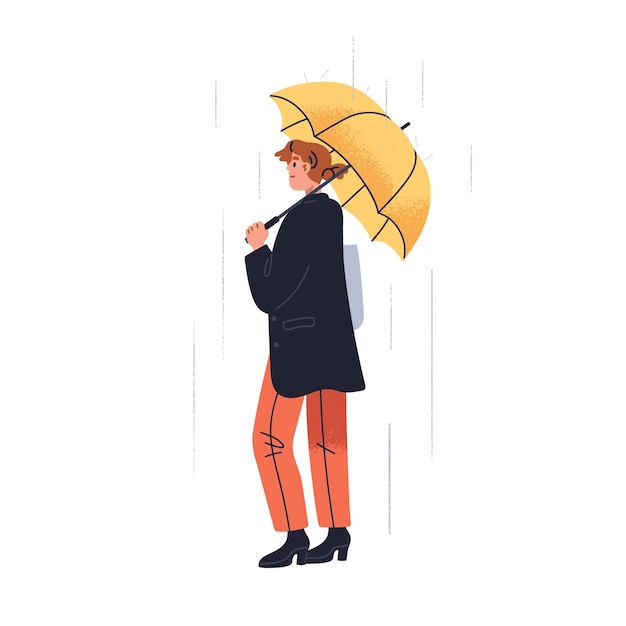 Mujer caminando bajo un paraguas en la ducha de lluvia Persona con una sombrilla en la mano en la lluvia lluviosa día lluvioso clima húmedo protección de gotas de lluvia Ilustración vectorial plana aislada en fondo blanco