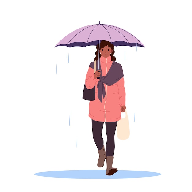 Mujer caminando con paraguas en otoño o lluvia de primavera vista delantera de niña con chaqueta roja