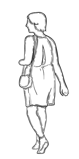 Mujer caminando con el pelo corto en un vestido con una bolsa vista trasera doodle lineal