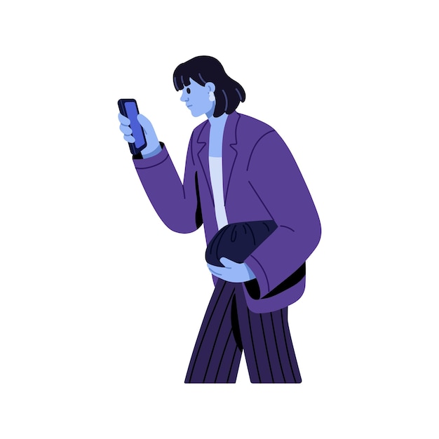 Vector mujer caminando con el teléfono móvil navegando por internet leyendo las redes sociales desplazándose por las noticias en línea persona adicta al teléfono inteligente usa celular mientras viaja ilustración vectorial plana aislada en fondo blanco