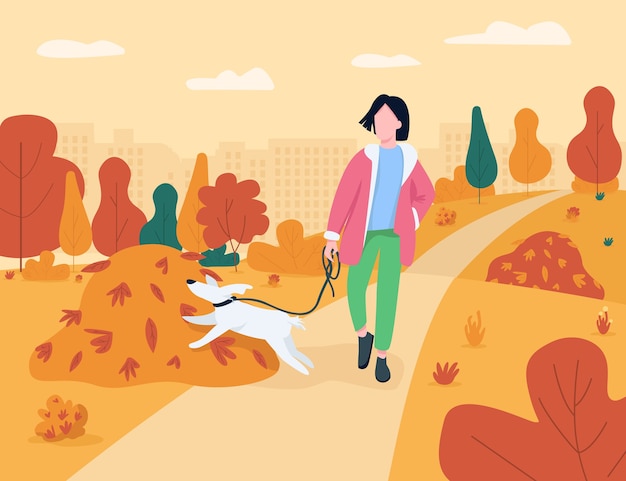 Mujer caminar con perro ilustración semi plana. recreación de la temporada de otoño en el parque de la ciudad. chica con perrito con correa en huerto urbano. dueña de mascota femenina personajes de dibujos animados en 2d para uso comercial