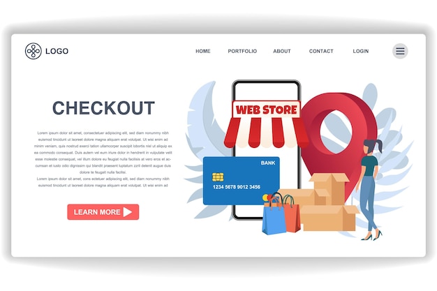 Una mujer caminó hacia la página del sitio web de la tienda. Revisar. Concepto de diseño plano moderno de diseño de páginas web para sitios web y sitios web móviles.