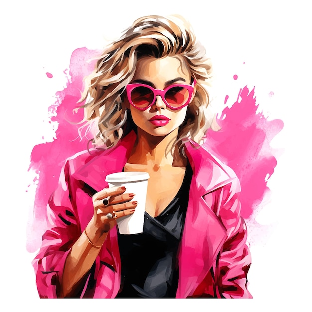 Vector una mujer con una camisa de impresión de leopardo y gafas de sol bebiendo café clip art cara rosa vestida con ropa cara