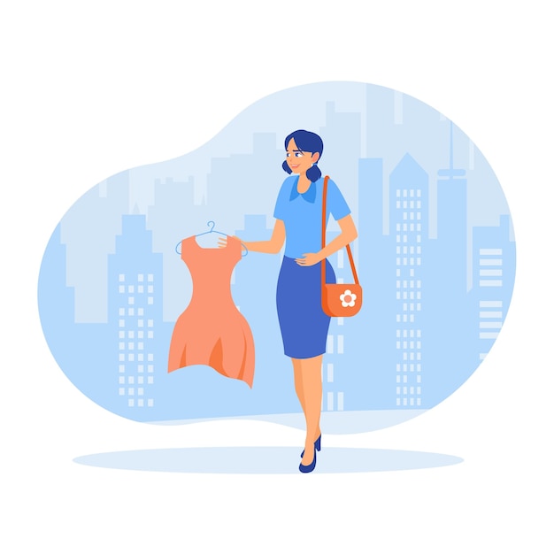 Una mujer con una camisa Una mujer joven comprando ropa Concepto de actividad de estilo de vida familiar