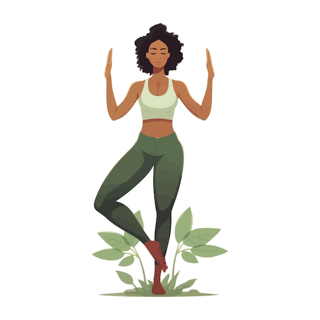 Vector mujer con camiseta blanca y pantalones verdes realizando un vector de dibujos animados de yoga