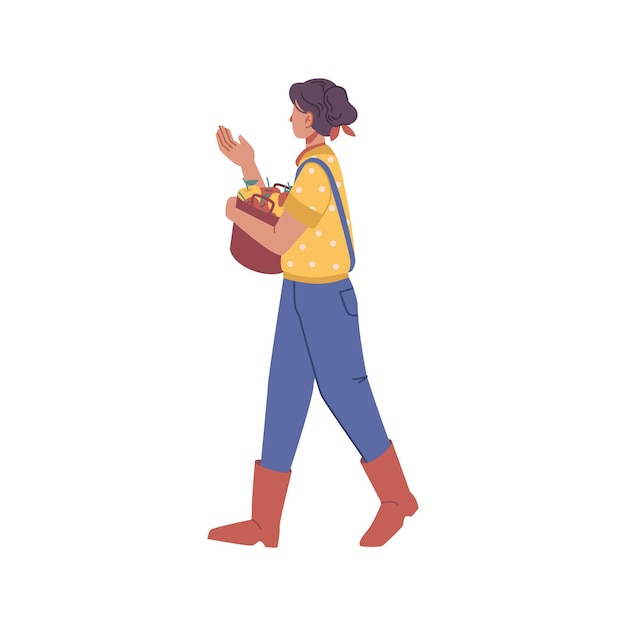 Mujer campesina con cesta de manzanas maduras