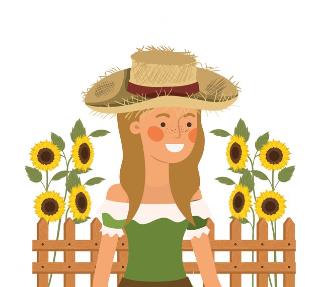 Mujer campesina con sombrero de paja y girasoles