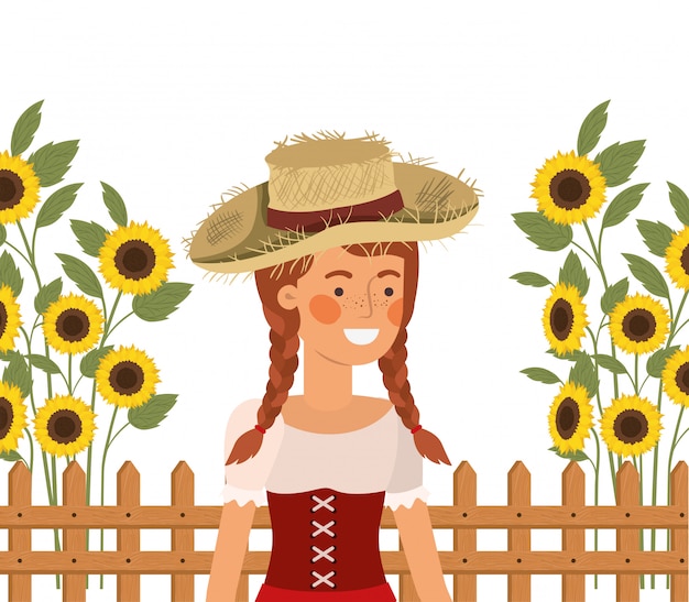 Mujer campesina con sombrero de paja y girasoles