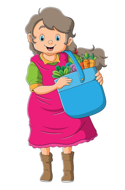 La mujer campesina sostiene un cubo de verduras de ilustración.
