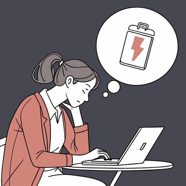 Mujer cansada y agotada emocionalmente con energía de batería baja carga sentada en la mesa vector