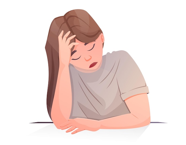 Mujer cansada y agotada sosteniendo su cabeza Ilustración de dibujos animados aislados por vectores