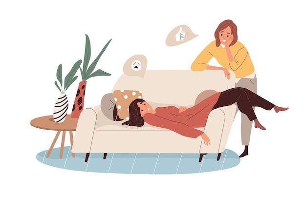 Mujer cansada deprimida desesperada con un amigo animándolo y apoyándolo. Concepto de apatía, depresión y agotamiento. Ilustración de vector plano de persona lenta y desmotivada aislada sobre fondo blanco
