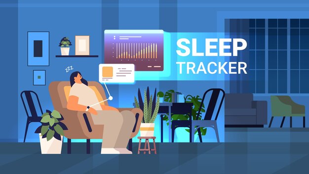 Mujer cansada con rastreador de aplicaciones de reloj inteligente electrónico en la mano durmiendo en el sillón Calidad y cantidad Concepto de control del sueño Interior de la sala de estar Ilustración de vector horizontal de longitud completa