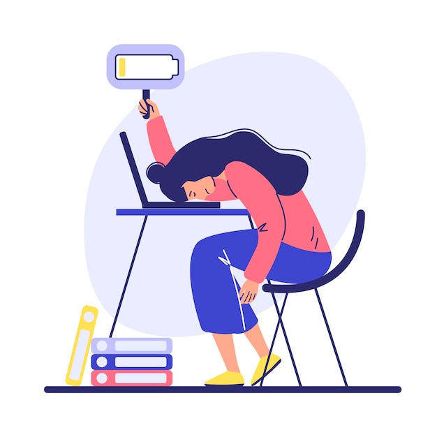 Mujer cansada se sienta en una computadora portátil en el trabajo, estrés o agotamiento