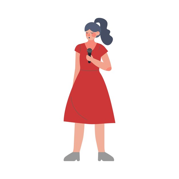 Mujer cantante hermosa mujer joven en vestido rojo actuando en el escenario con micrófono estilo plano
