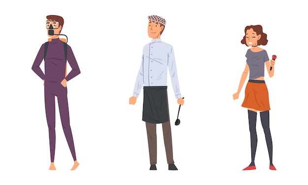 Mujer cantante con micrófono y hombre chef sosteniendo set vectorial de cuchara